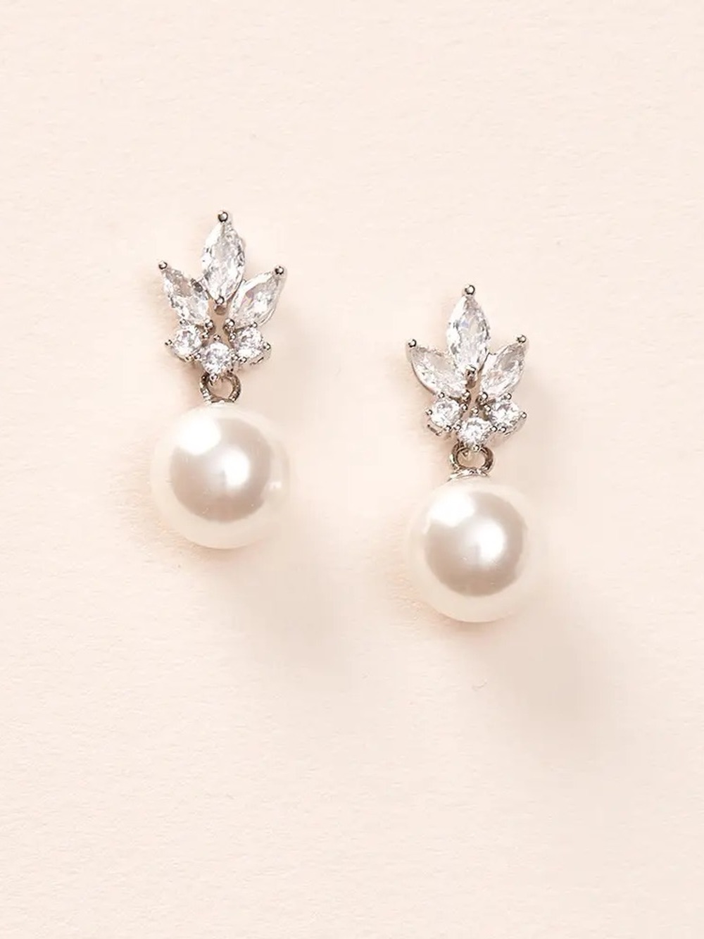 Crystal Leaf Pearl Drop Stud Earrings - White